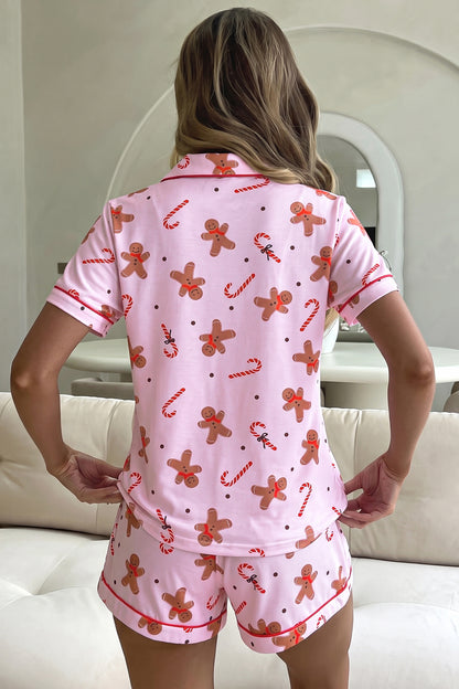 Pink Short Sleeve Placket Shell Button Elastic Waist Lounge Set