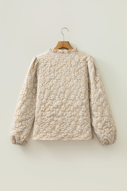 Apricot V Neck Floral Textured Long Sleeve Casual Blouse