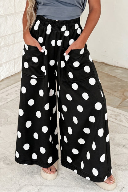 Burgundy Polka Dot Wide Leg Elastic Waist Casual Pants