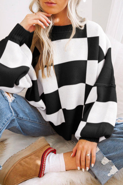Black Checkered Bishop Sleeve Sweater