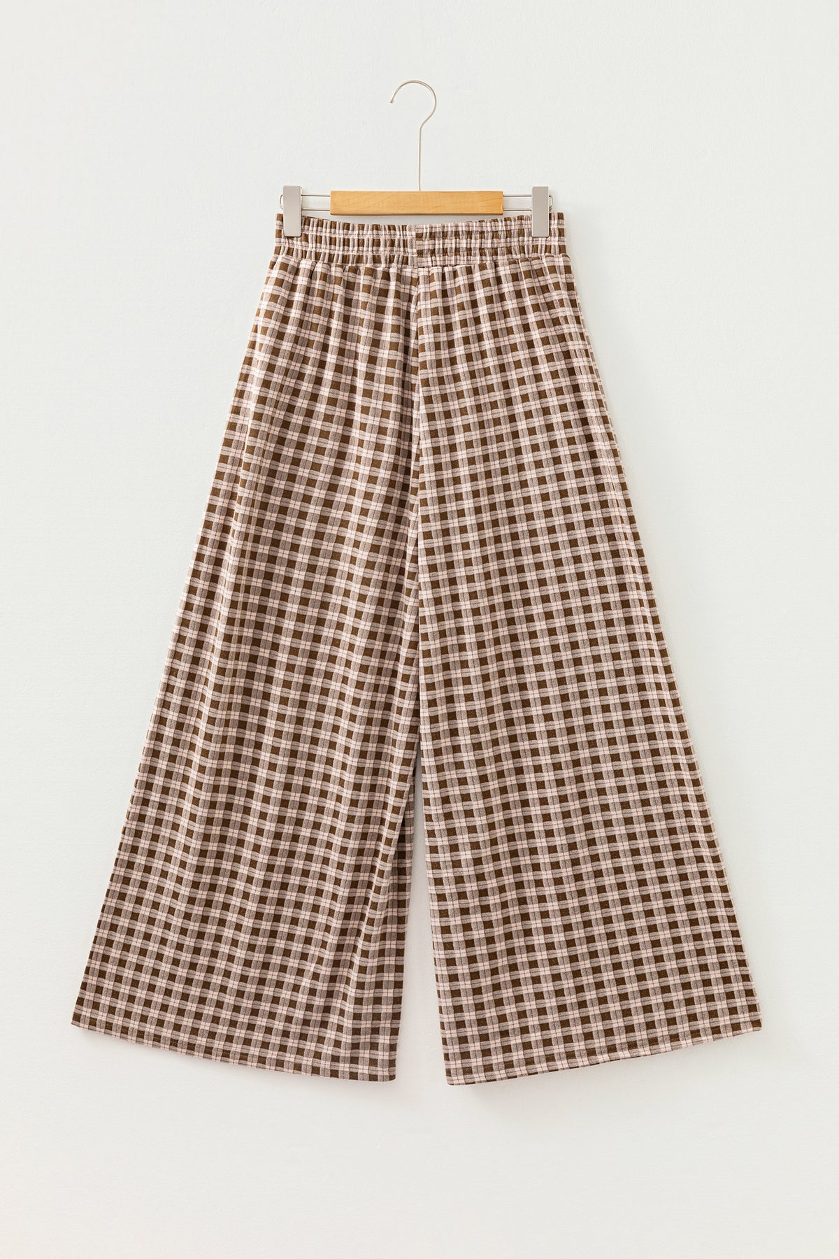 Brown Plaid Elastic Waist Patch Pocket Wide Leg Pants