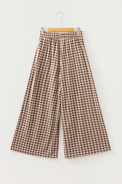 Brown Plaid Elastic Waist Patch Pocket Wide Leg Pants