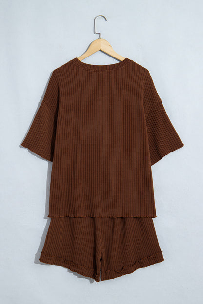 Dark Brown Textured Ribbed Knit Lettuce Trim 2pcs Lounge Set