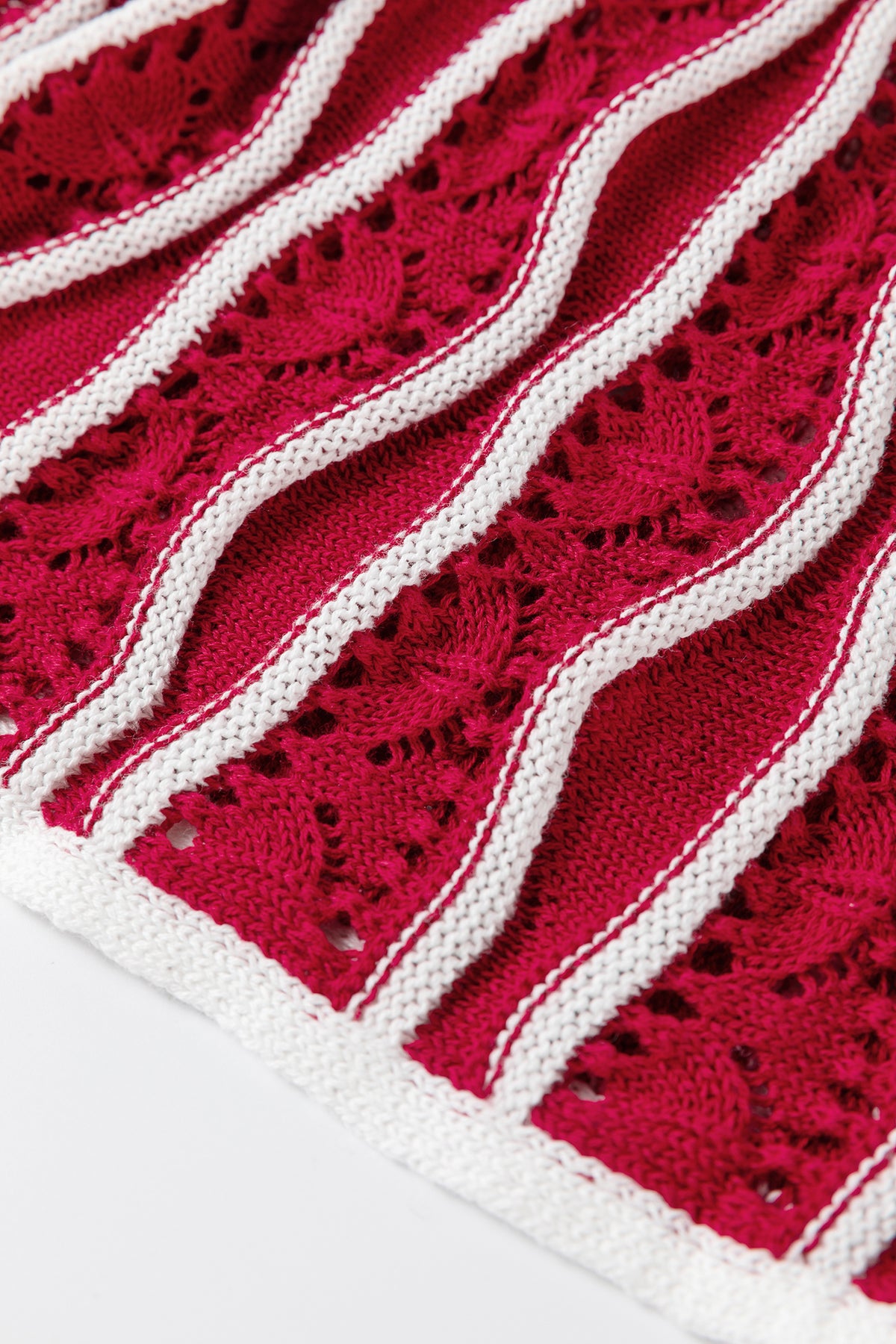 Racing Red Wavy Detail Hollow Out Knit Long Sleeve Cotton Pullover Sweater