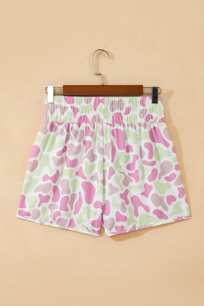 Green Camouflage Print Shirred High Waist Athleisure Shorts
