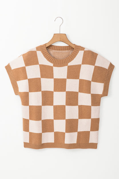 Strawberry Pink Colorblock Plaid Pattern Ribbed Trim Sweater Tank Top