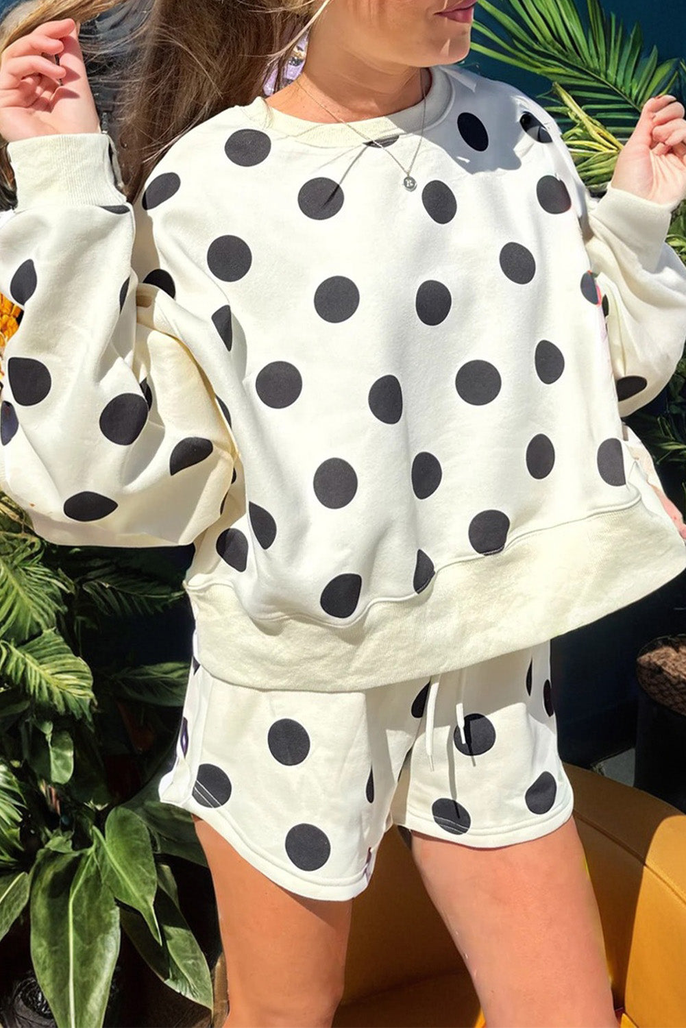 Multicolour Polka Dot Print Drop Shoulder Pullover Drawstring Shorts Set