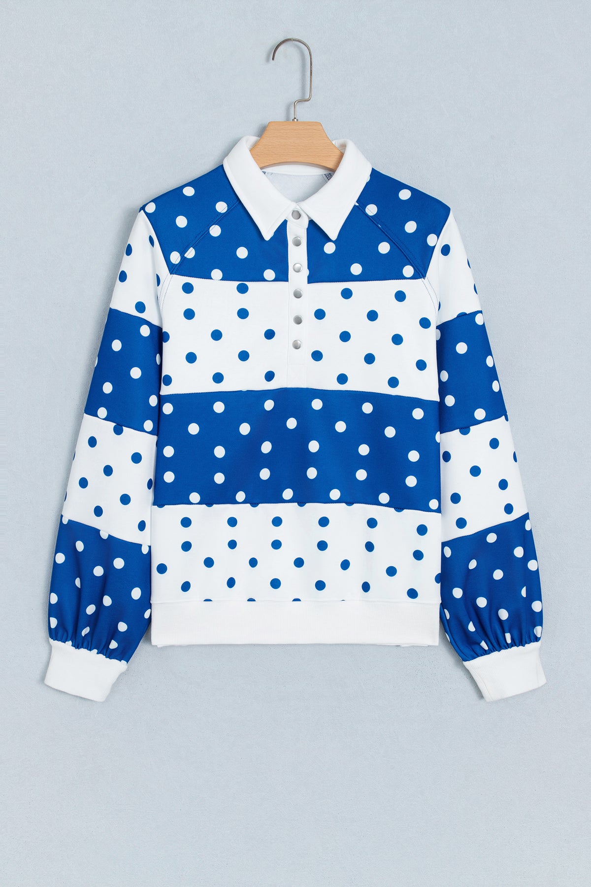 Blue Polka Dot Colorblock Half Zip Puff Sleeve Pullover Sweatshirt