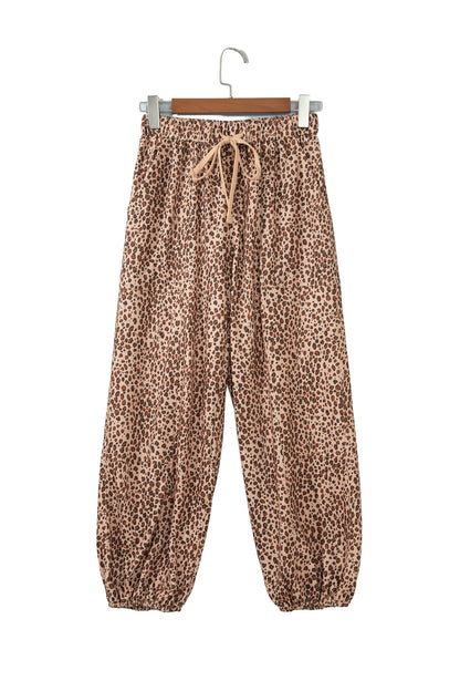 Khaki Leopard Print Drawstring Waist Patch Pockets Pants