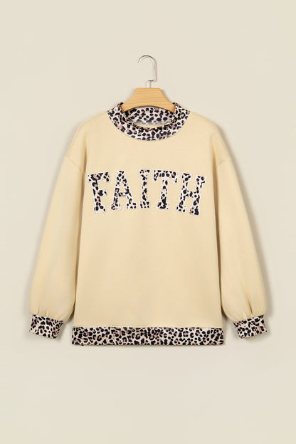 Coffee Polka Dot Trim High Neck BLESSED Letter Graphic Baggy Sweatshirt