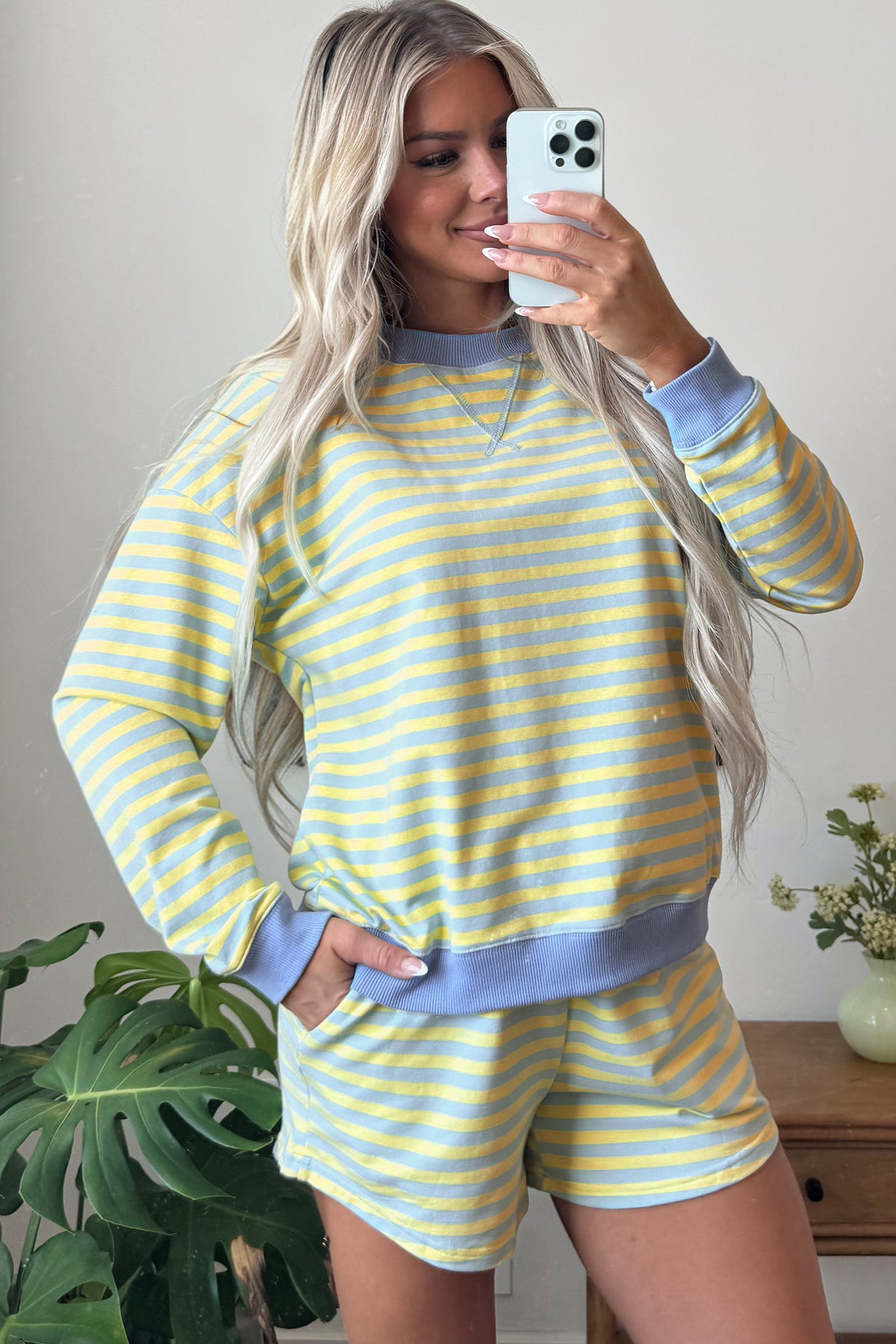 Green Stripe Color Block Detail Long Sleeve Pullover Elastic Waist Pull On Shorts 2pcs Set