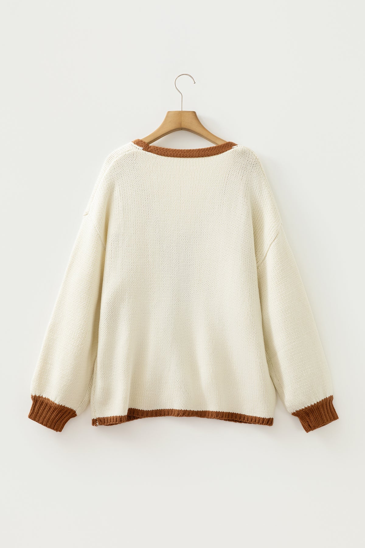 Chestnut Contrast Trim V-Neck Tie Front Loose Sweater Cardigan