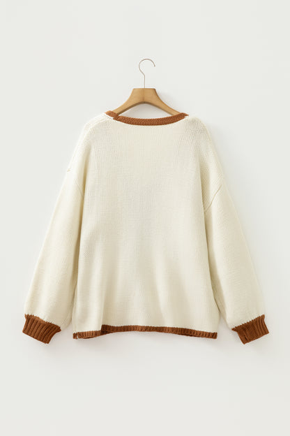 Chestnut Contrast Trim V-Neck Tie Front Loose Sweater Cardigan