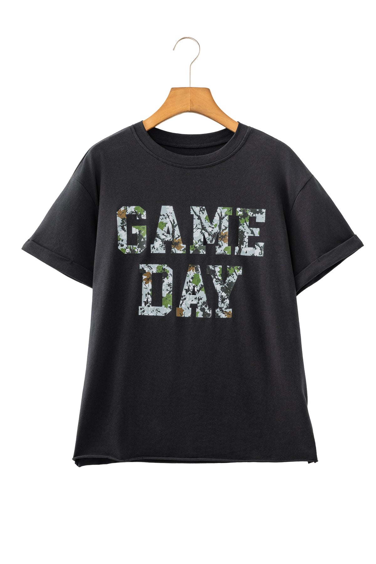 Black Camo Print Game Day Tee Short Sleeve Round Neck Casual T Shirt