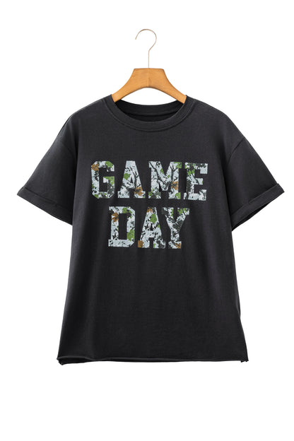 Black Camo Print Game Day Tee Short Sleeve Round Neck Casual T Shirt