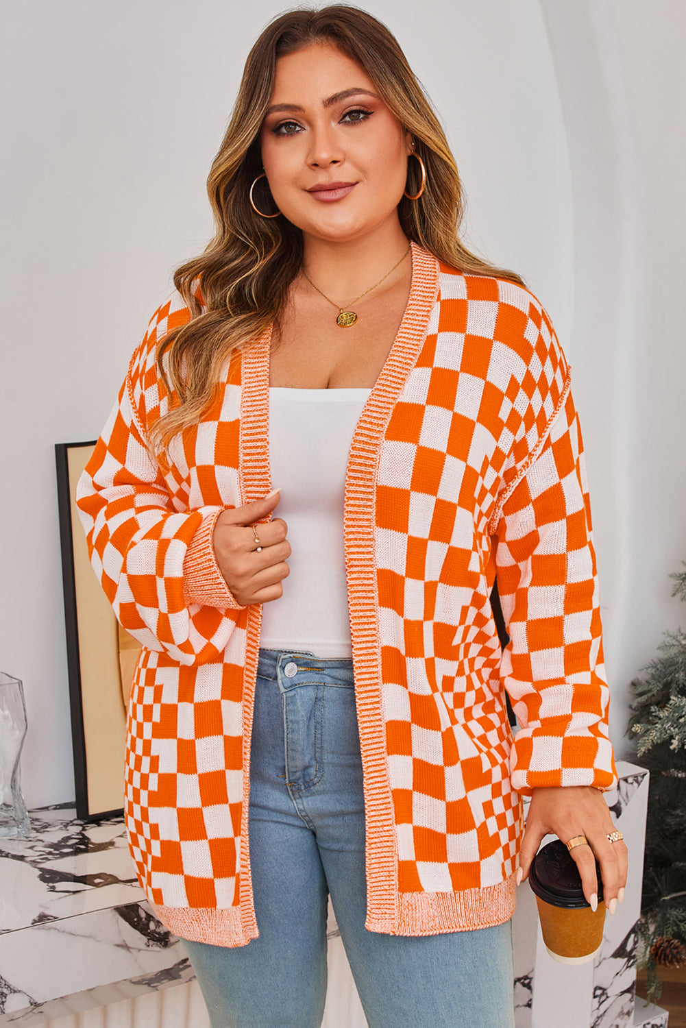 Brown Plus Size Checkered Bubble Sleeve Drop Shoulder Open Cardigan