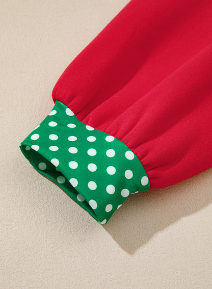 Dark Green Polka Dot Patchwork Round Neck Plus Size Sweatshirt
