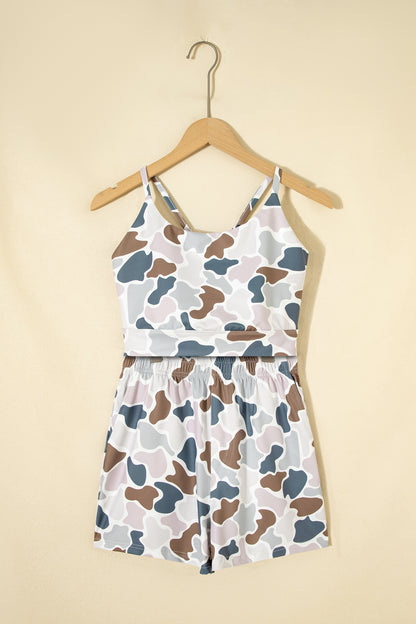 Multicolour Camouflage Printed Cropped Tank Athleisure 2pcs Short Set