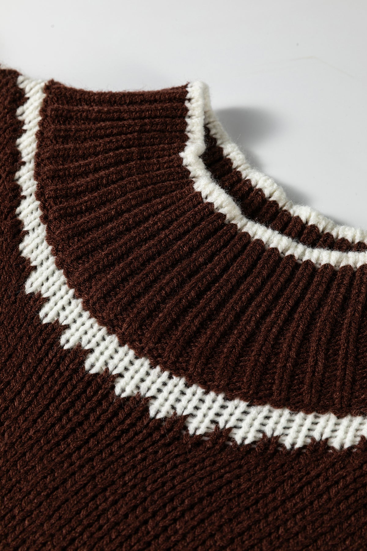 Dark Khaki Contrast Trim Mock Neck Drop Shoulder Relaxed Sweater