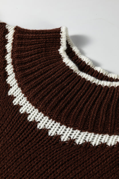 Dark Khaki Contrast Trim Mock Neck Drop Shoulder Relaxed Sweater