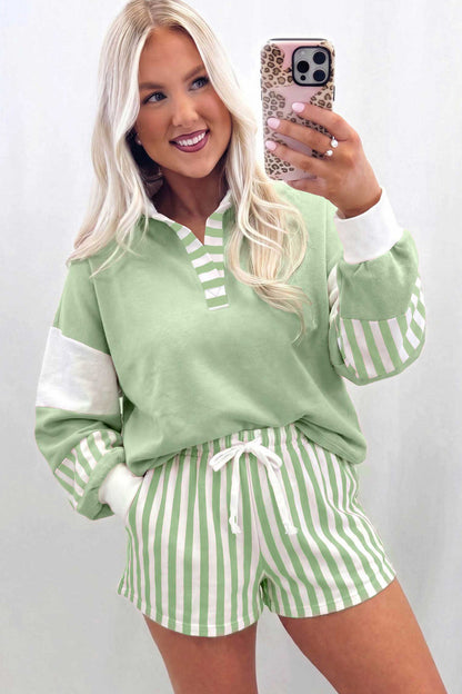 Black Striped Color Block Pullover Top Drawstring Shorts Set