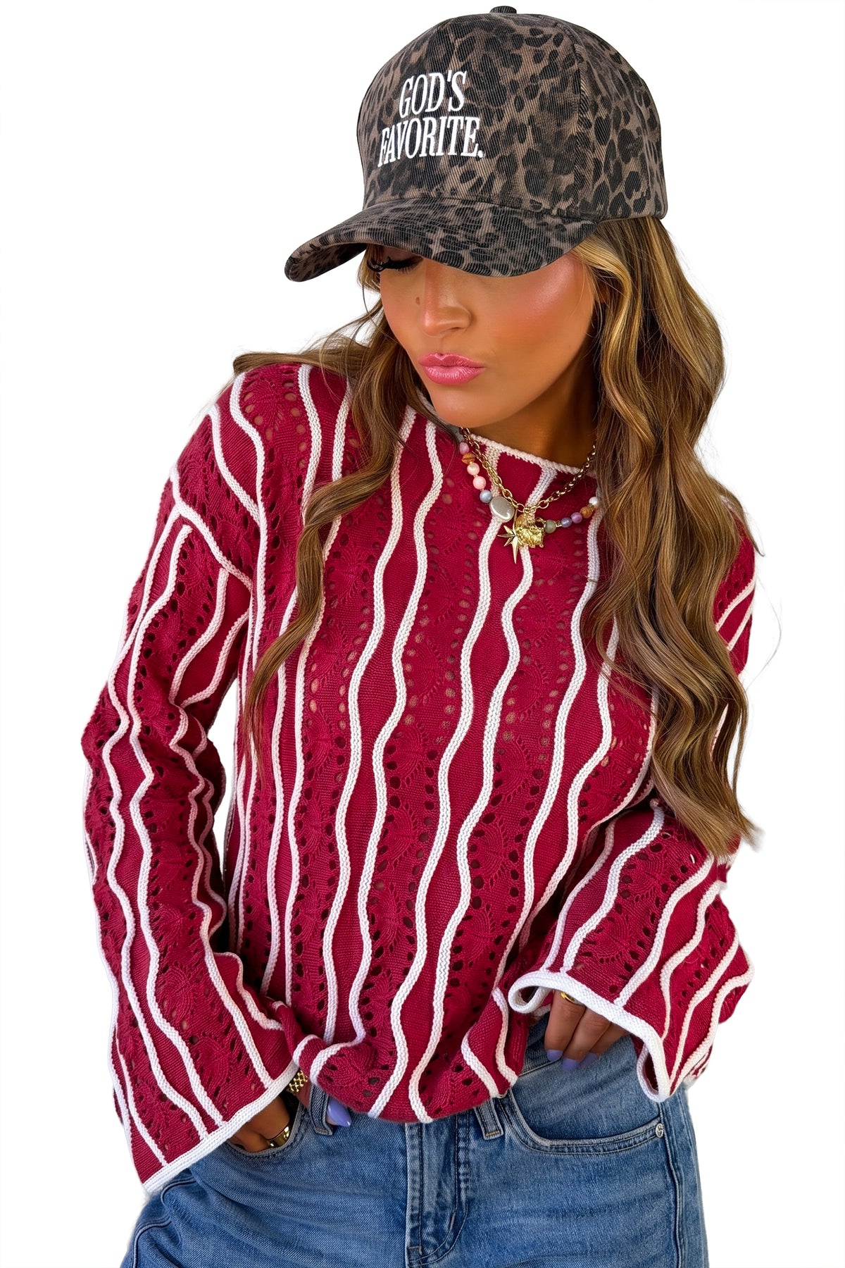 Racing Red Wavy Detail Hollow Out Knit Long Sleeve Cotton Pullover Sweater