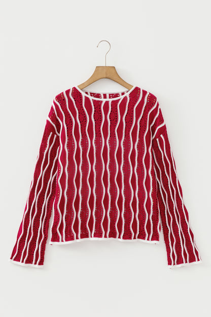 Racing Red Wavy Detail Hollow Out Knit Long Sleeve Cotton Pullover Sweater
