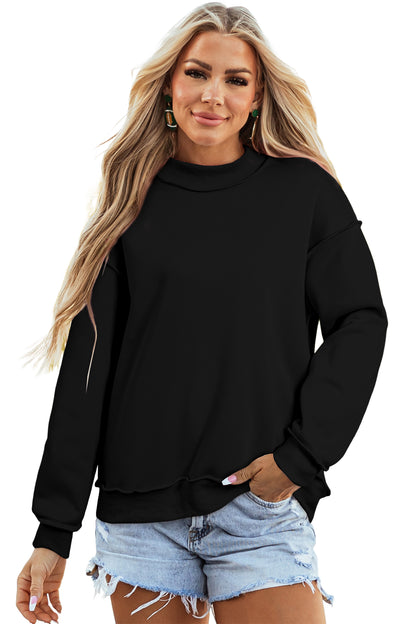 Black Oversize Drop Shoulder Reversible Mock Neck Sweatshirt