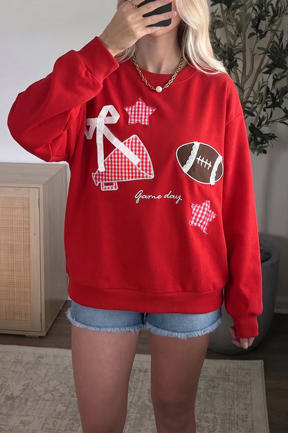 Racing Red Gingham Patch Embroidered Rugby Game Day Stars Sweatshirt