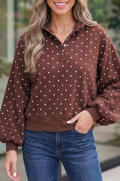 Pink Polka Dot Print Metal Button Collar Casual Pullover Sweatshirt