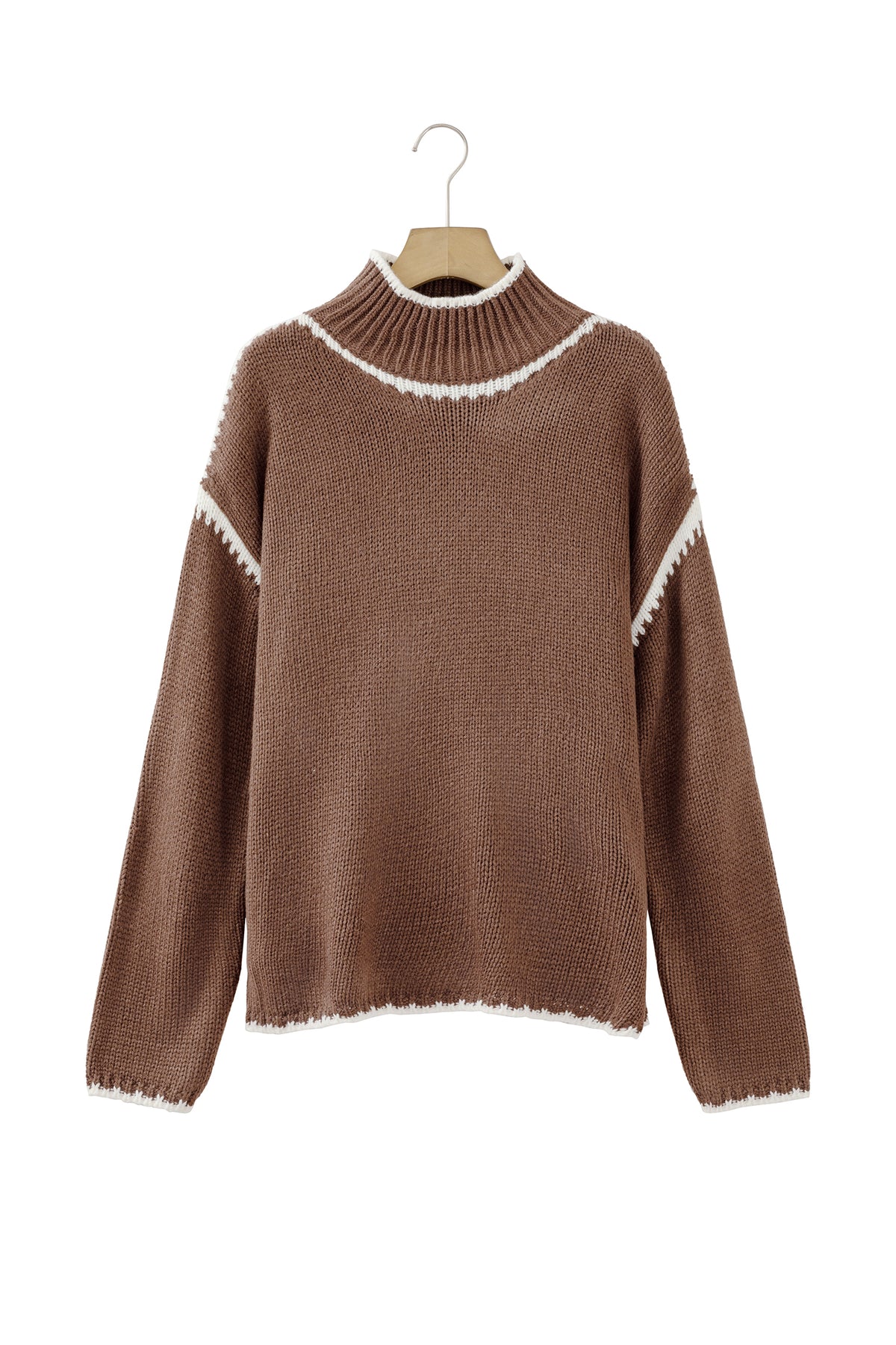 Dark Khaki Contrast Trim Mock Neck Drop Shoulder Relaxed Sweater