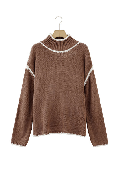 Dark Khaki Contrast Trim Mock Neck Drop Shoulder Relaxed Sweater