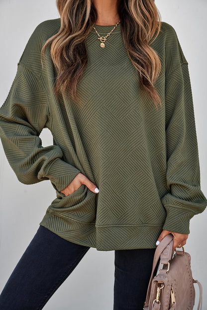 White Solid Color Textured Round Neck Drop Shoulder Pullover Sweatshirt