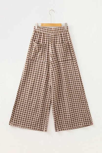 Brown Plaid Elastic Waist Patch Pocket Wide Leg Pants