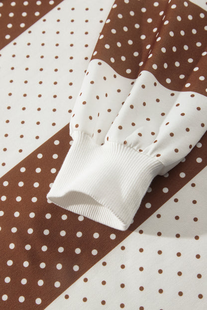 Brown Polka Dot Patchwork Colorblock Long Sleeve Top