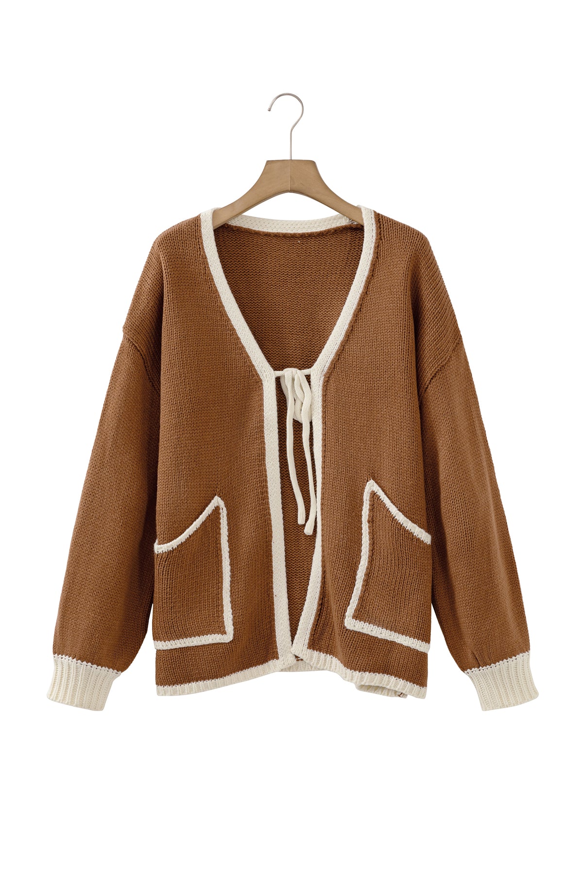 Chestnut Contrast Trim V-Neck Tie Front Loose Sweater Cardigan