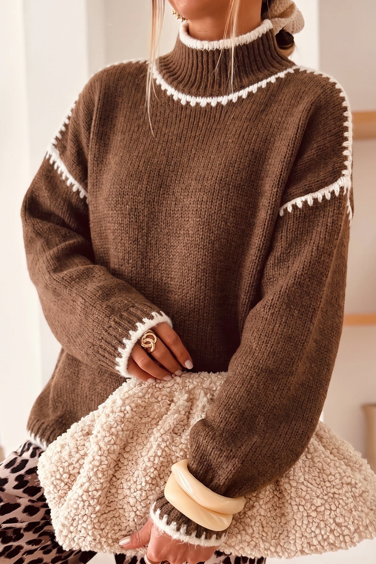 Dark Khaki Contrast Trim Mock Neck Drop Shoulder Relaxed Sweater
