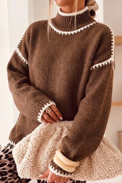 Dark Khaki Contrast Trim Mock Neck Drop Shoulder Relaxed Sweater