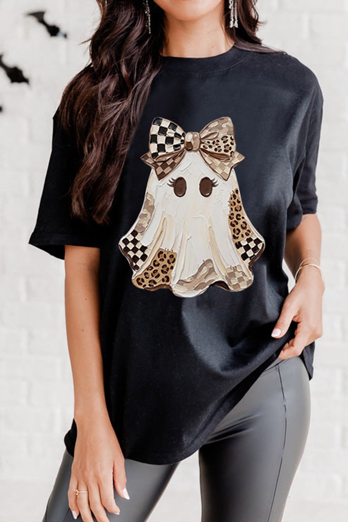 Black Checkered Leopard Ghost Print Round Neck Halloween T Shirt