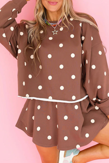 Red Polka Dot Raw Hem Relaxed Pullover Loose Skort Two Piece Set