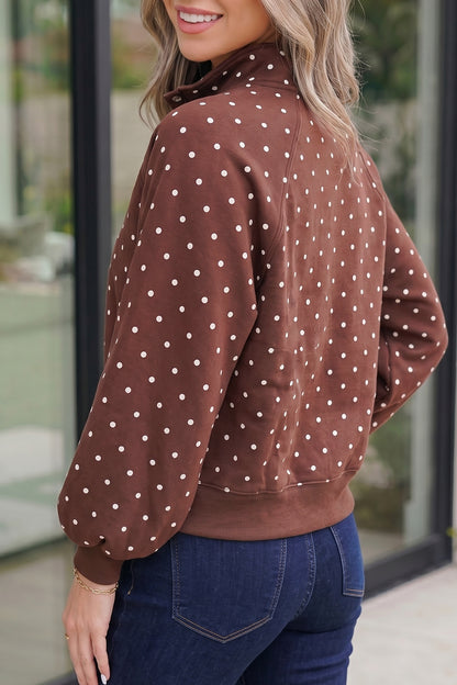 Pink Polka Dot Print Metal Button Collar Casual Pullover Sweatshirt