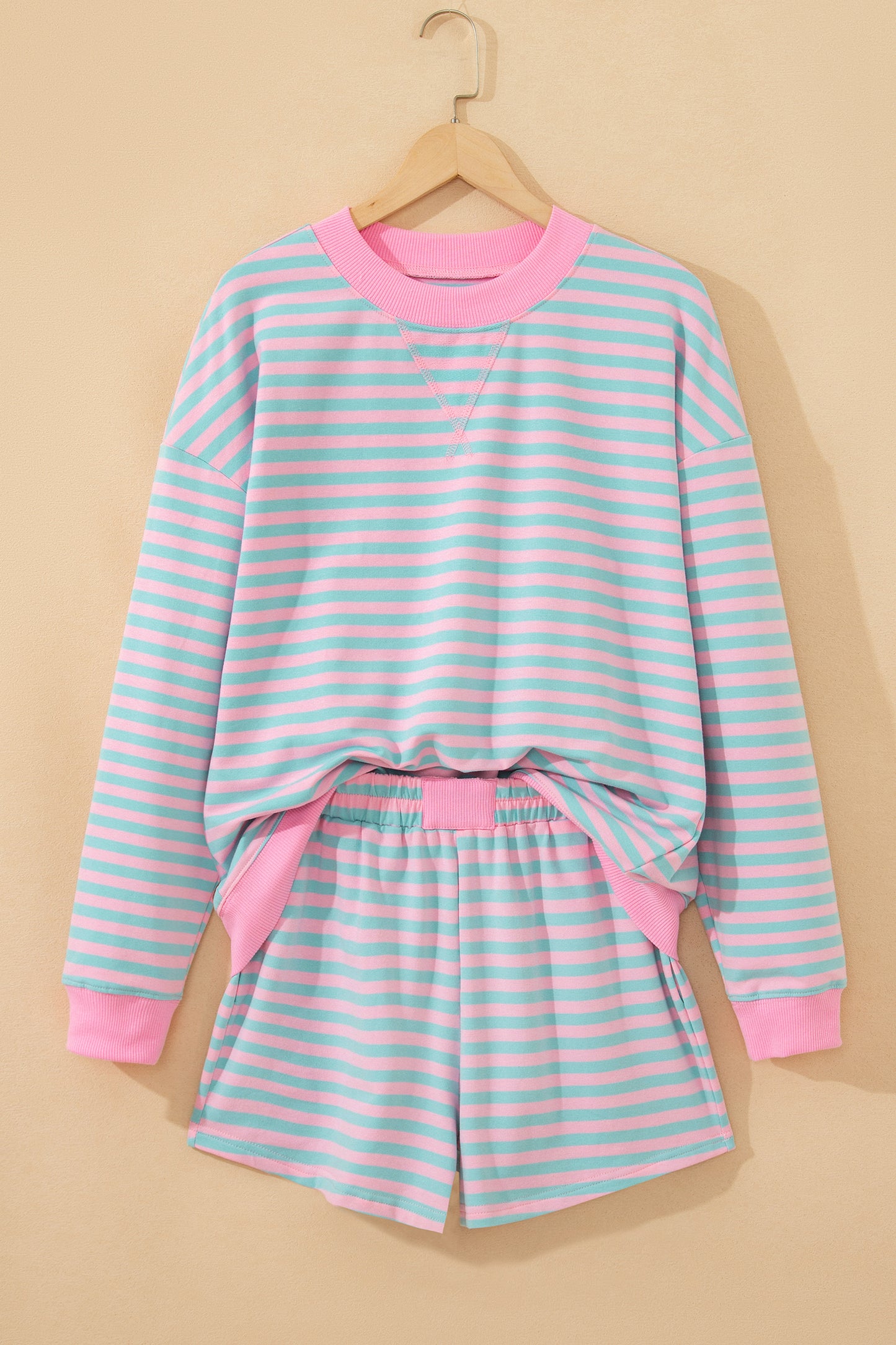 Green Stripe Color Block Detail Long Sleeve Pullover Elastic Waist Pull On Shorts 2pcs Set