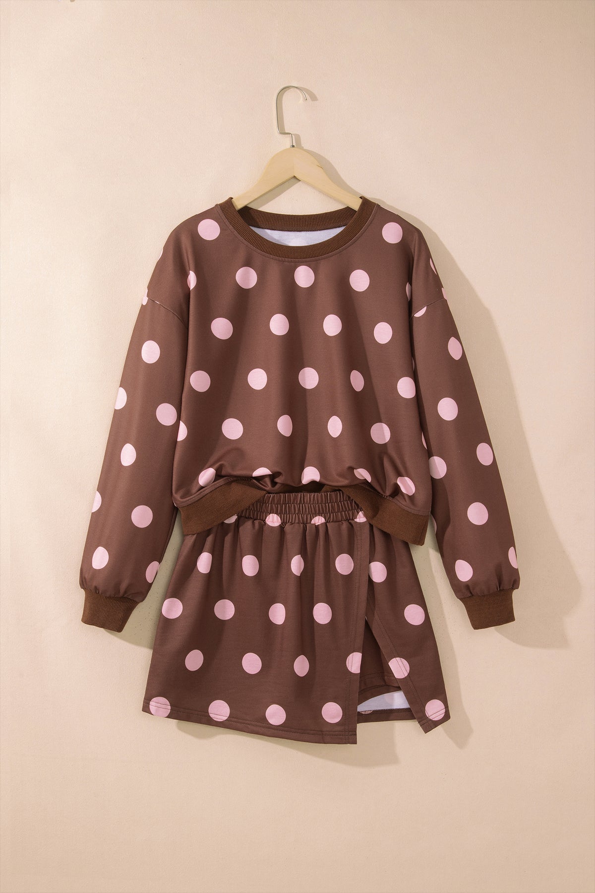 Brown Polka Dot Two Piece Set Long Sleeve Casual Skirt Set