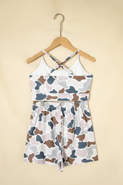 Multicolour Camouflage Printed Cropped Tank Athleisure 2pcs Short Set