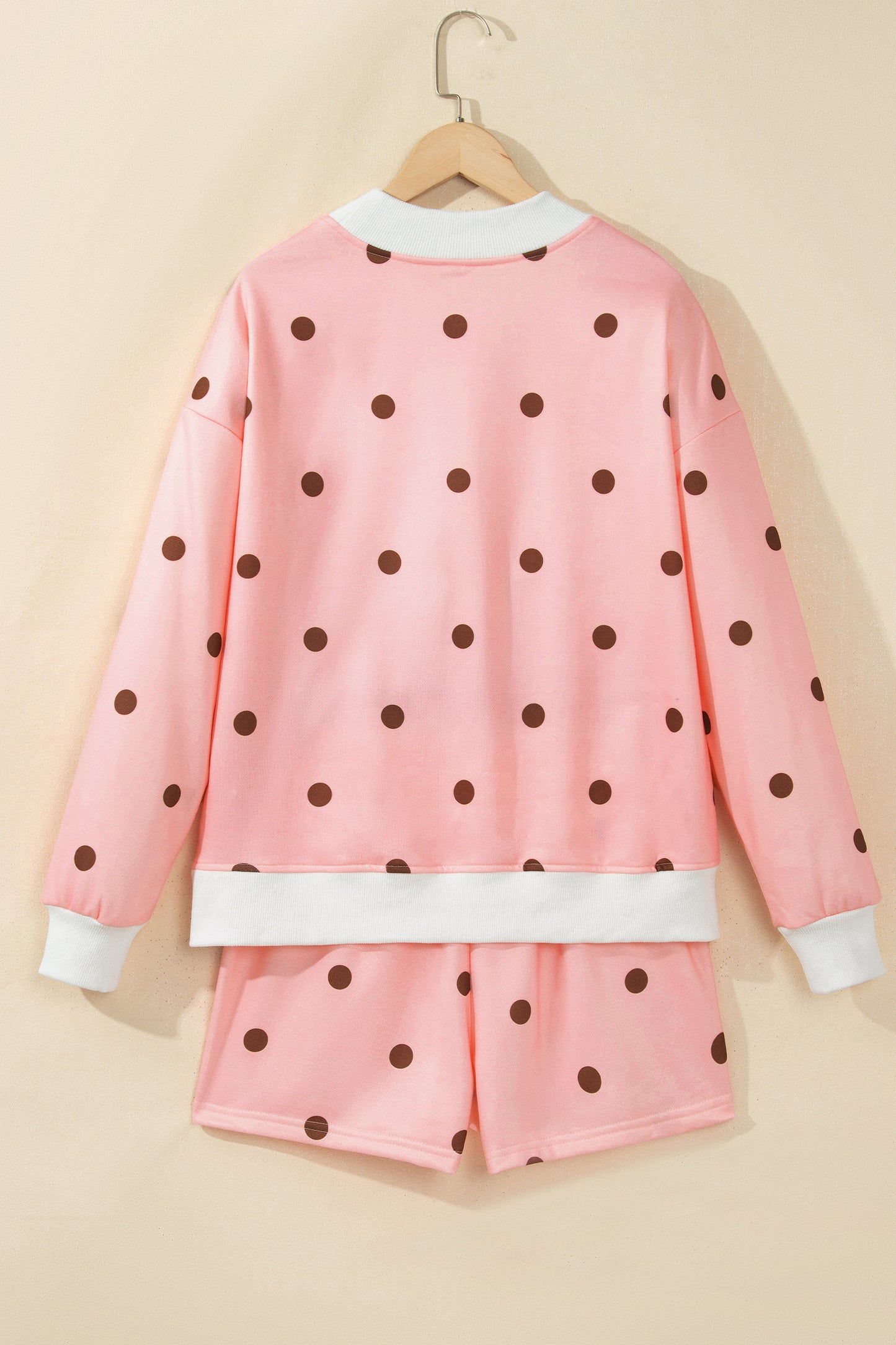 Brown Polka Dot Ribbed Trim Long Sleeve Top Casual Short Set