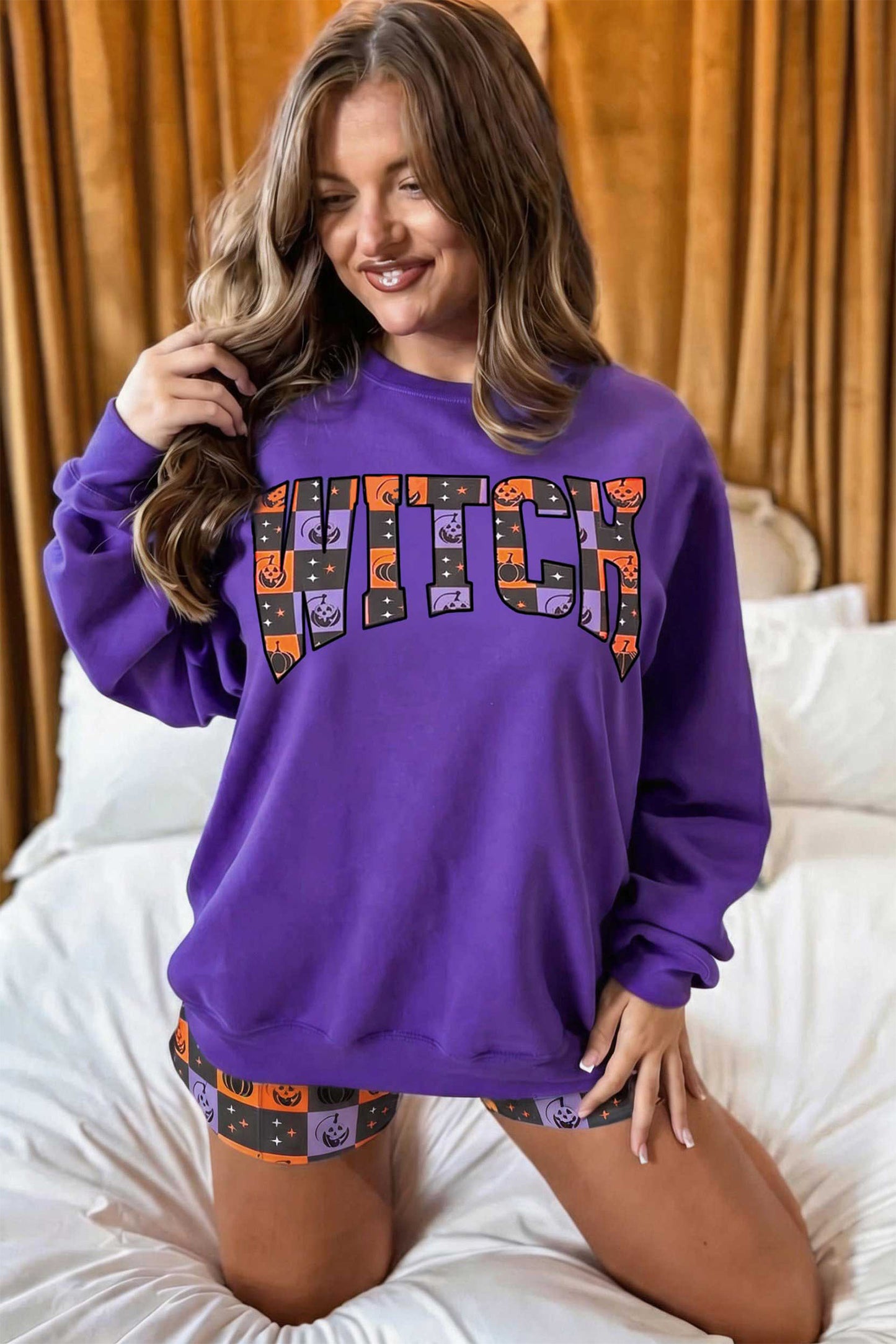 Orange Witch Letter Print Long Sleeve Top Checkered Elastic Waist Shorts Set