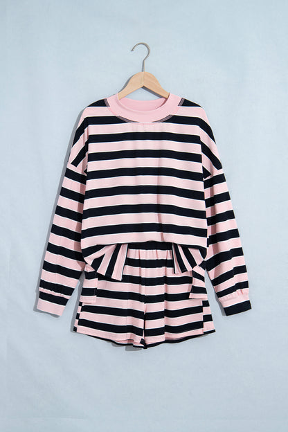 Pink Stripe Oversized Long Sleeve Top Elastic Waist Shorts Casual 2pcs Set