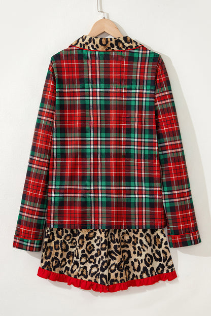 Racing Red Retro Plaid Leopard Print Patchwork Long Sleeve Shorts Pajama Set