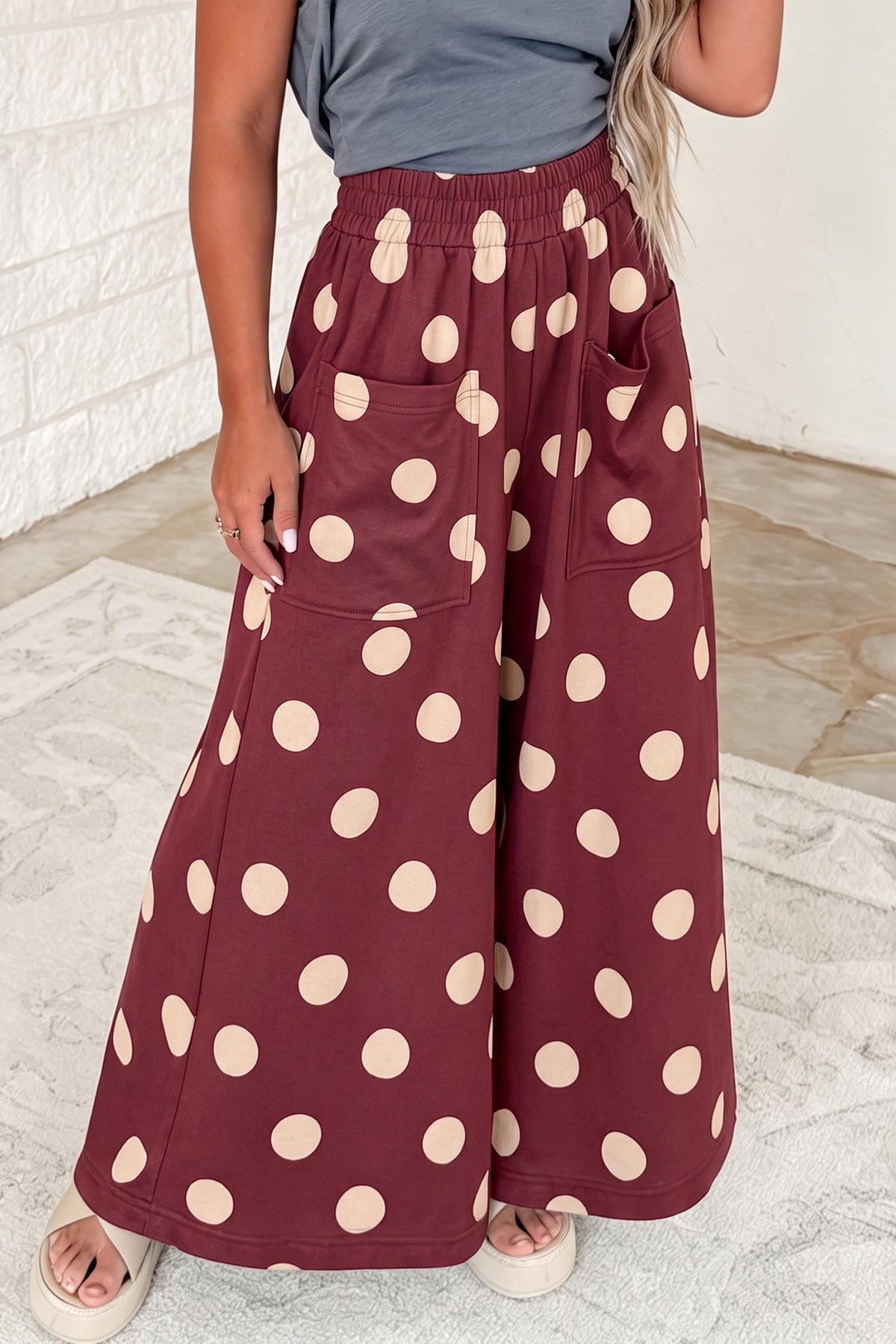Burgundy Polka Dot Wide Leg Elastic Waist Casual Pants