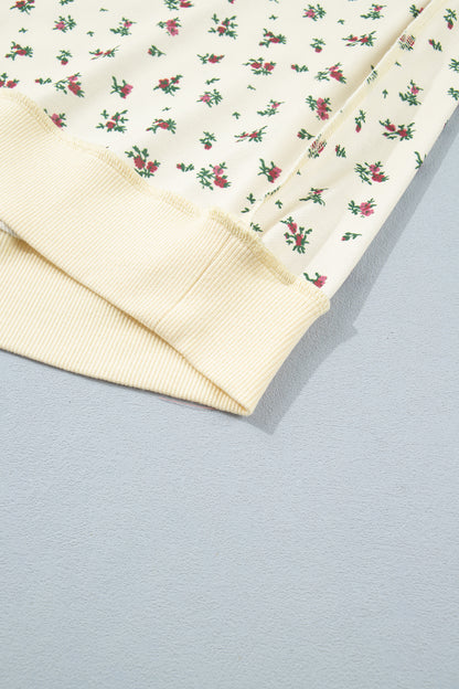 Beige Floral Print Stand Neck Long Sleeve Slogan Sweatshirt